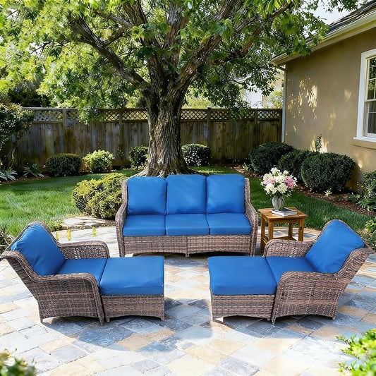 Outdoor Patio Furniture Set, 33" High Back Chairs with 4" Thick Cushions, 5 Pieces Outdoor Seating Furniture, Sectional Sofa Set with 2 Chairs, 2 Ottomans and 1 Sofa for Porch Deck Garden, Blue