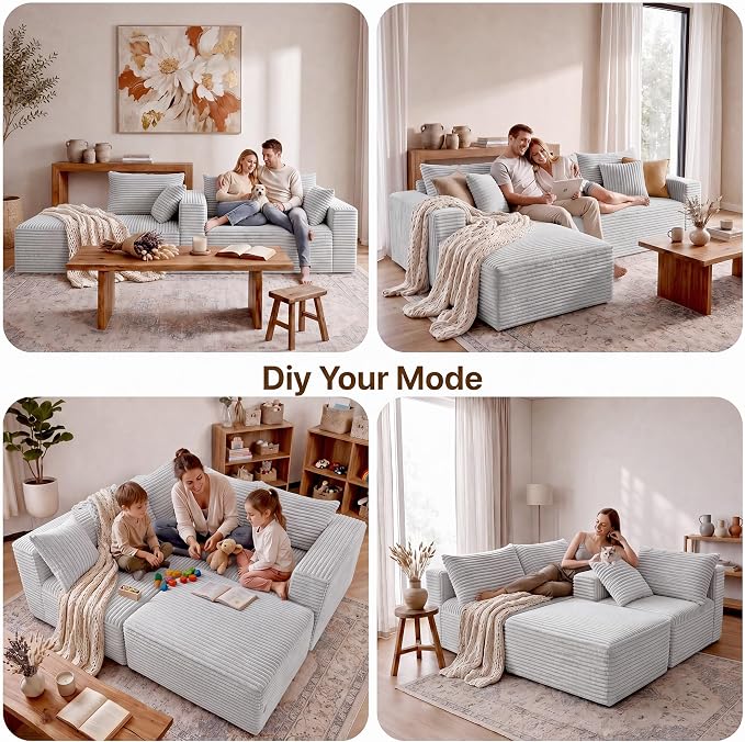 Claiks 94" Boneless Couch, Cloud Couch Sectional, L-Shape Corduroy Modular Sectional Sofa Deep Seat, Upholstered Couches for Living Room, No Assembly Required, Light Grey