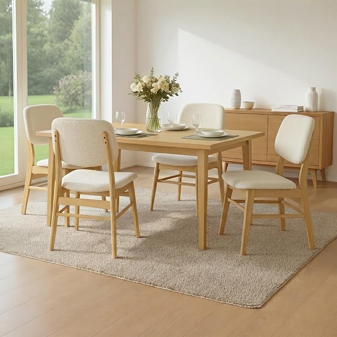 KISLOT Wooden Dining Chairs Set of 4, Upholstered Modern Dining Room Chairs, Mid Century Solid Oak Wood Kitchen Chairs for Farmhouse, Restaurant, Café (Cream Fabric & Original Color)