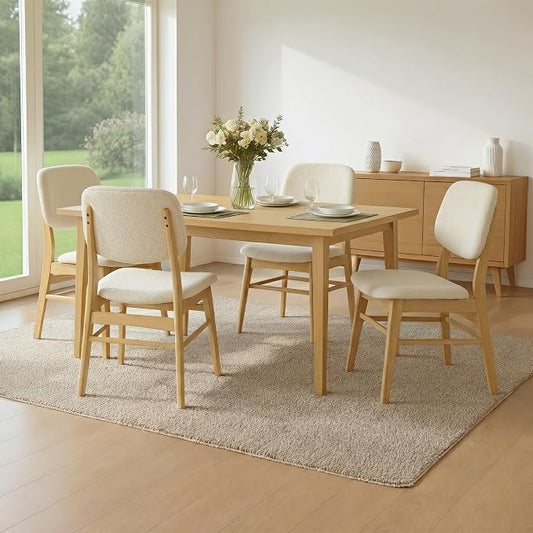 KISLOT Wooden Dining Chairs Set of 4, Upholstered Modern Dining Room Chairs, Mid Century Solid Oak Wood Kitchen Chairs for Farmhouse, Restaurant, Café (Cream Fabric & Original Color)