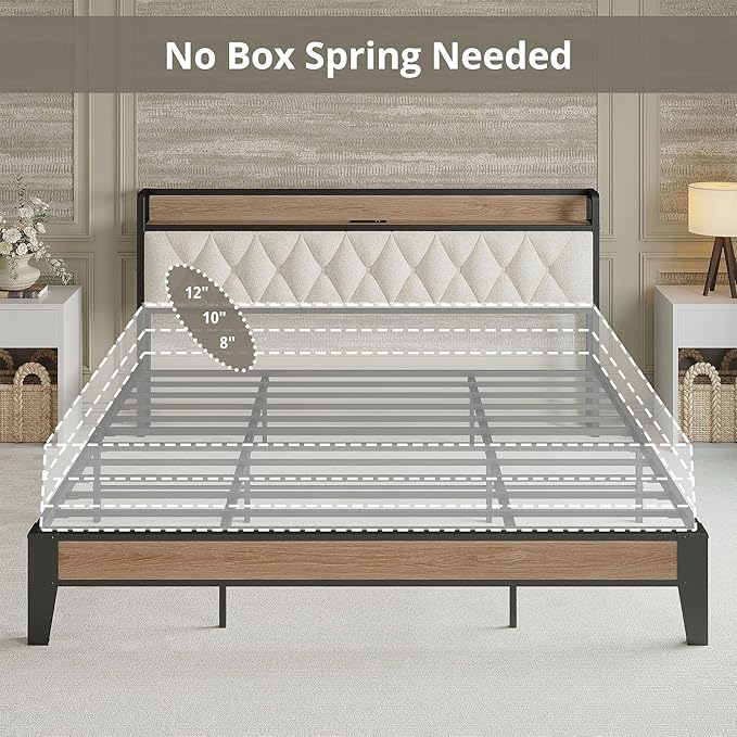 King Size Bed Frame with Headboard & Charging Station, Wood and Cream