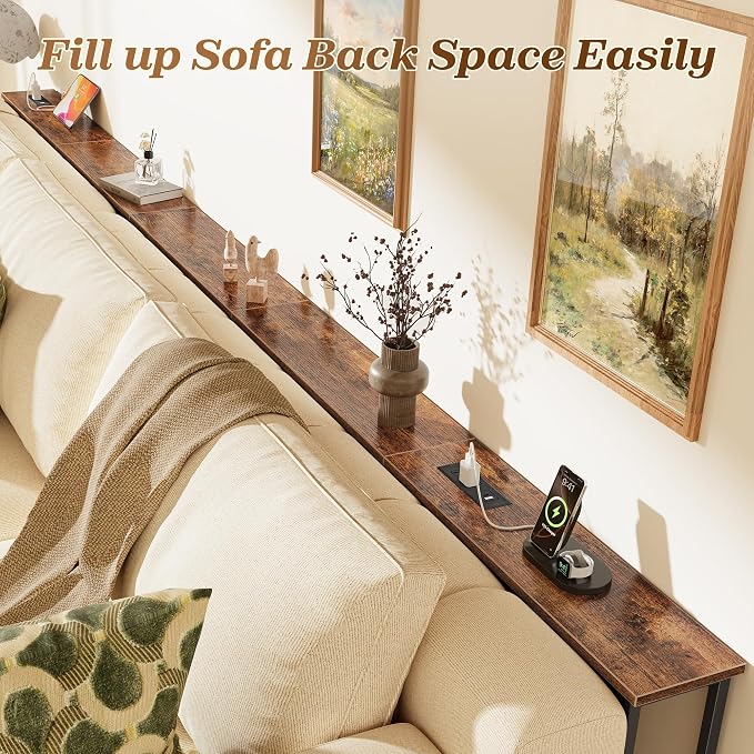 SUPERJARE 126 Inch Sofa Table with 2 Power Outlets and USB-C Ports, 5.9 Inch Narrow Console Table with Storage, Extra-Long, for Entryway Hallway Couch Behind Sofa, Small Spaces, Rustic Brown