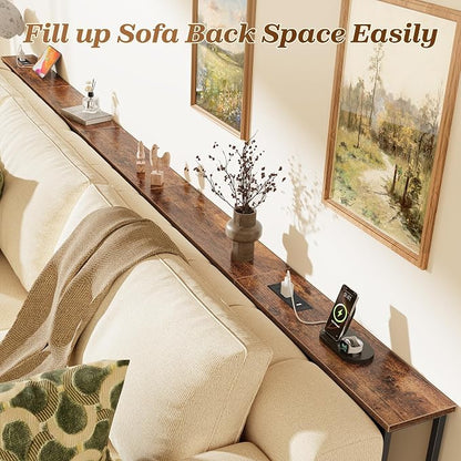 SUPERJARE 126 Inch Sofa Table with 2 Power Outlets and USB-C Ports, 5.9 Inch Narrow Console Table with Storage, Extra-Long, for Entryway Hallway Couch Behind Sofa, Small Spaces, Rustic Brown