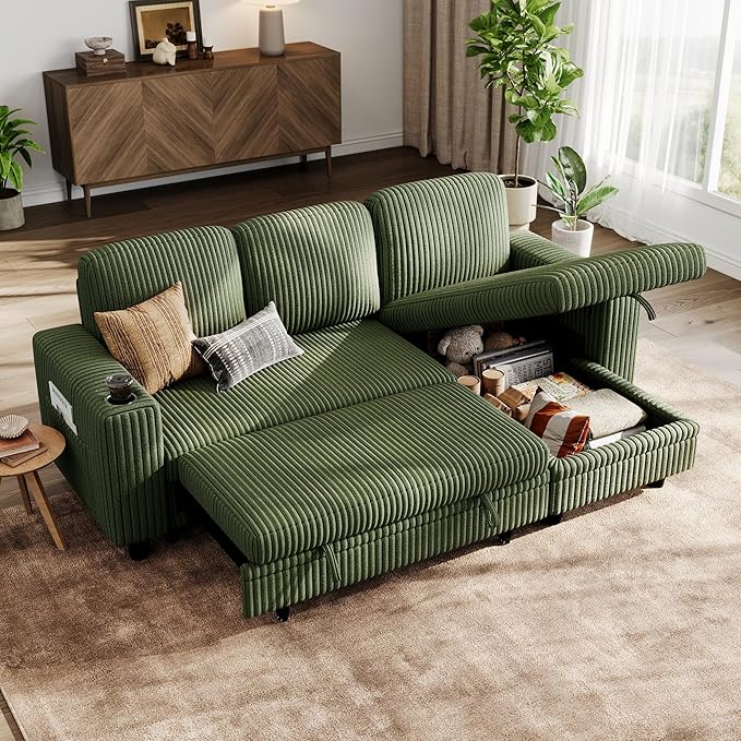 LINSY HOME Sectional Sleeper Sofa Pull Out Couches for Living Room (Green, Sleeper Sofa 1) | Pull Out Sofa Bed, Storage, USB Charging, Cup Holders, Plush Corduroy