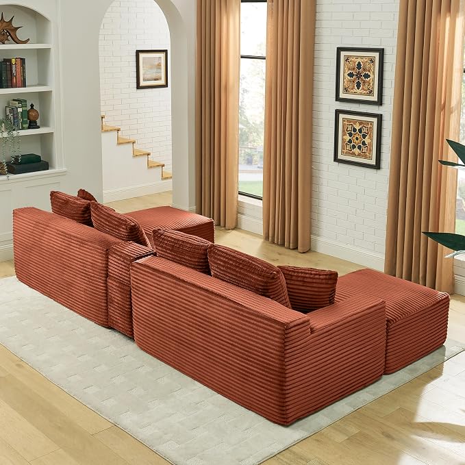 127" U-Shaped Cloud Sectional Couch Oversized Modular Compressed Boneless Sectional Sofa with Ottoman Chaise Lounges & Console, Plush Corduroy Boneless Symmetrical Sofa