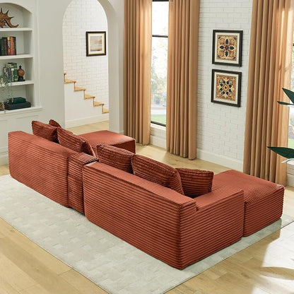 127" U-Shaped Cloud Sectional Couch Oversized Modular Compressed Boneless Sectional Sofa with Ottoman Chaise Lounges & Console, Plush Corduroy Boneless Symmetrical Sofa