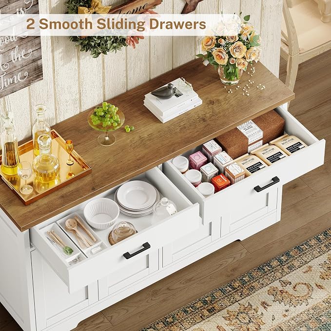 usikey Buffet Cabinet with Storage and 2 Drawers, Large Sideboard Buffet Cabinet with Adjustable Shelves and Doors, Modern Coffee Bar Cabinet, White