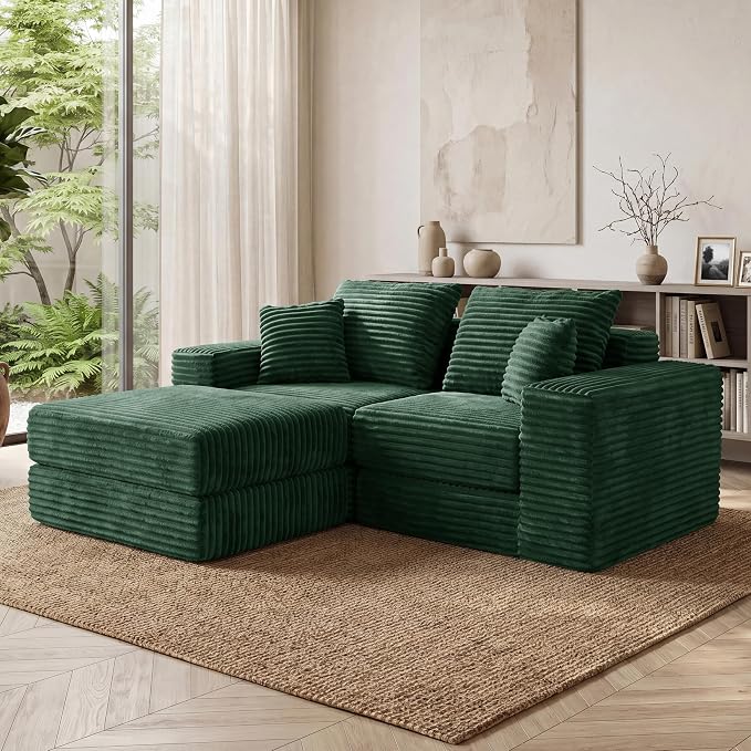 75'' L-Shaped Cloud Modular Sectional Couch with Chaise, Modern Corduroy Memory Foam Sofa Bed, Upholstered Boneless Deep Seat Fluffy Sleeper Sofa, for Living Room, No Assembly Needed (Green)