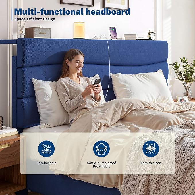 EnHomee Full Size Bed Frame with Adjustable Height Upholstered Headboard, 3 USB Charging Ports, Noise-Free Platform Bed, No Box Spring Needed,Navy Blue