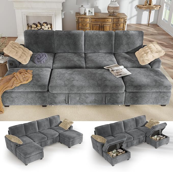 Hanherry 104" Sectional Couch with Pull Out Sofa Bed,Chenille Sleeper Sofa with Storage Ottoman & USB Charging,Comfy U Shaped Modular Couches for Living Room,Apartment
