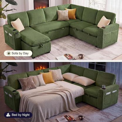 Sectional Sleeper Sofa with Pull Out Bed, Plush Corduroy 7 Seat Modular Sectional Sofa with Storage Chaise and Adjustable Backrest, Cloud Couches for Living Room, Apartment, Green