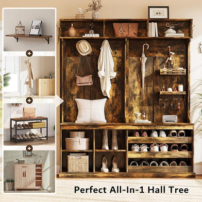 iPormis 70“ Large Hall Tree with Bench and Adjustable Storage Shelves, 6-in-1 Farmhouse Entryway Bench w/Coat Rack, Top Storage, Small Shelves for Entryway, Living Room, Led Lights, Rustic Brown