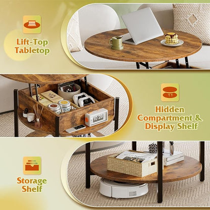 WLIVE Round Lift Top Coffee Table with Storage Shelf and Hidden Compartment, Farmhouse Small Coffee Table with 2 Tier for Living Room and Home Office, Rustic Brown