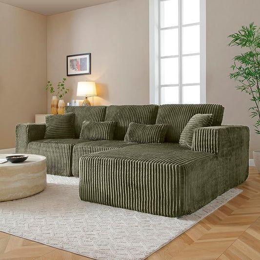 L Shaped Modular Boneless Sectional Couches for Living Room, Wide Armrest, Deep Seat, Memory Foam, Assembly Free, Modern Comfy Corduroy Fluffy Cloud Sofa with Right Chaise, Green
