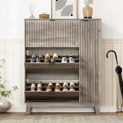 Shoe Cabinet Storage for Entryway with 3 Flip Drawers & Side Cabinet, Fluted Narrow Shoe Organizer with Wooden Leg, Freestanding Shoe Storage Hidden Shoe Rack Organizer for Front Door Entrance, Grey