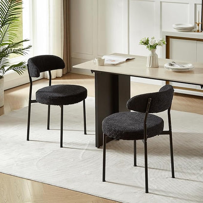 SoarFlash Dining Chairs, Black Boucle Dining Chairs Set of 2, Kitchen Dining Room Chairs Curved Backrest Upholstered Mid Century Modern Chairs with Black Metal Legs