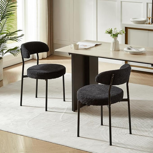 SoarFlash Dining Chairs, Black Boucle Dining Chairs Set of 2, Kitchen Dining Room Chairs Curved Backrest Upholstered Mid Century Modern Chairs with Black Metal Legs