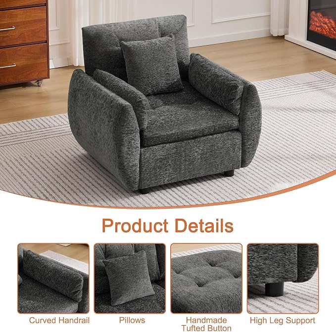 30" Single Modular Cloud Sofa Accent Chair, Deep Seat Tufted Chenille Armchair, Sectional Sofa for Living Room, Dark Grey