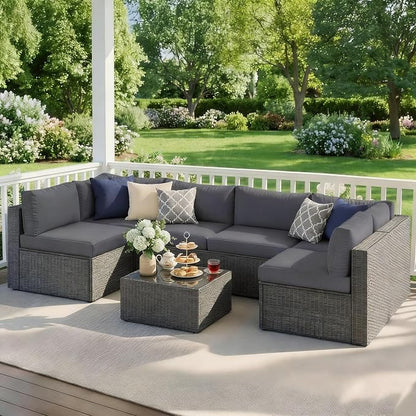 Wisteria Lane 7 Pieces Outdoor Patio Furniture Set, Wicker Outdoor Patio Sectional Sofas with Coffee Table, All-Weather Patio Conversation Set for Garden Backyard, Grey