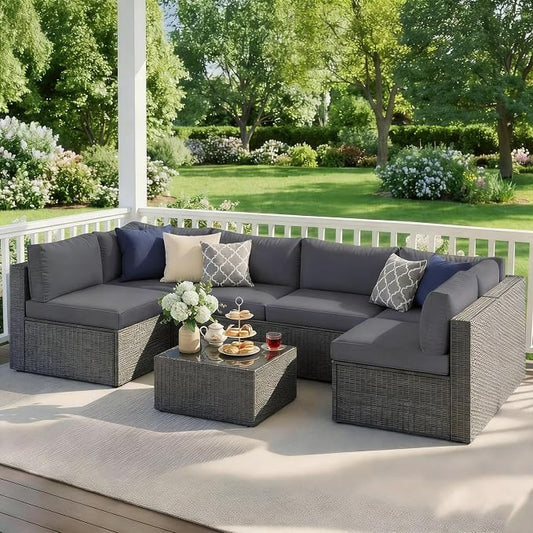 Wisteria Lane 7 Pieces Outdoor Patio Furniture Set, Wicker Outdoor Patio Sectional Sofas with Coffee Table, All-Weather Patio Conversation Set for Garden Backyard, Grey