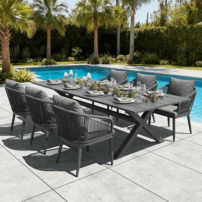 LayinSun 7 Pieces Outdoor Patio Dining Set, Aluminium Rectangular Dining Table and Wicker Rattan Chairs Set for Outside Backyard, Poolside