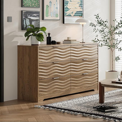 Coastline Fluted 6 Drawers Dresser for Bedroom, 55" Wide Modern Chest of TV Stand Organizers with Metal Handle, Storage Wooden Dresser Drawer for Living Room, Hallway, Closet,Walnut Wood