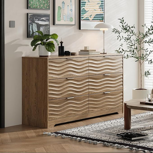 Coastline Fluted 6 Drawers Dresser for Bedroom, 55" Wide Modern Chest of TV Stand Organizers with Metal Handle, Storage Wooden Dresser Drawer for Living Room, Hallway, Closet,Walnut Wood