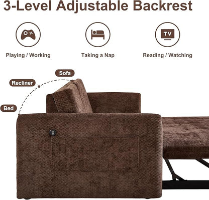 57.48" Convertible Sofa Bed with Cup Holder, Pull Out Sleeper Sofa Bed with USB Charging Ports, 3 in 1 Convertible Sleeper Sofa Bed for Living Room, Apartment, Bedroom, RV, Brown