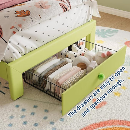 Twin Size Bed Frame for Girls with Storage Drawers & LED Lights, Upholstered Platform Bed, Velvet Crystal Button Princess Bed, Noise-Free Slats, No Box Spring Needed for Kids, Teens, Avocado Green