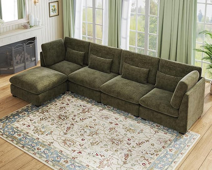 154" Oversized Chenille Couch Modular Sectional Sofa, Washable Cloud Couch Sectional with Ottoman, 5 Seater Sectional Couches for Living Room, Fully Cover Removable, L Shaped, Chenille, Green