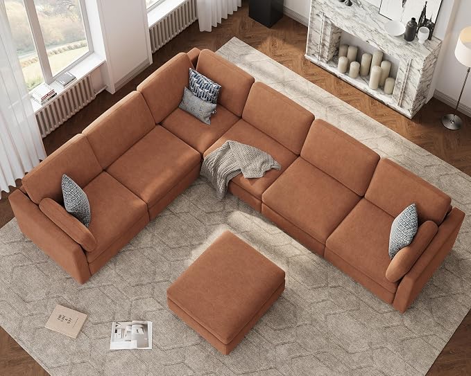 Oversized Modular Sectional Sofa V-Shaped Cloud Couches Brown | Large Deep Seat Couch for Living Room, 7-Seater Luxury Corner Sofa with Ottoman, Solid Wood Frame, Removable Washable Cover