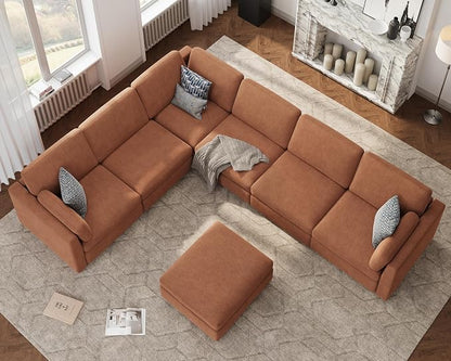 Oversized Modular Sectional Sofa V-Shaped Cloud Couches Brown | Large Deep Seat Couch for Living Room, 7-Seater Luxury Corner Sofa with Ottoman, Solid Wood Frame, Removable Washable Cover