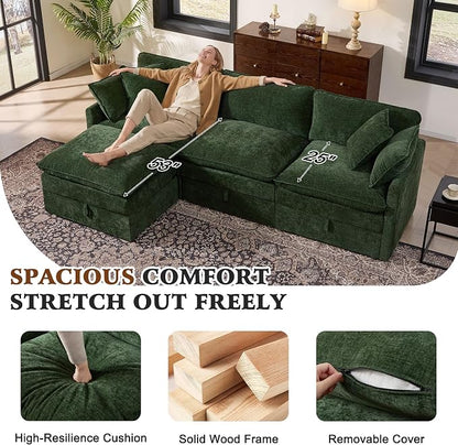 Ihanherry 103" Modular Sectional Sofa with Storage, L Shaped Cloud Couch with Movable Ottomans & 4 Pillows, Chenille Deep Seat Sectional Couches for Living Room, Apartment (Green)