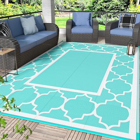 GENIMO 5 ' x 8 ' Outdoor Rug for Patio Clearance, Waterproof Indoor Outdoor Plastic Straw Rugs Carpet, Reversible Outside Area Mat for Camping, Balcony Porch, Deck, Picnic, Beach Aqua Blue & White