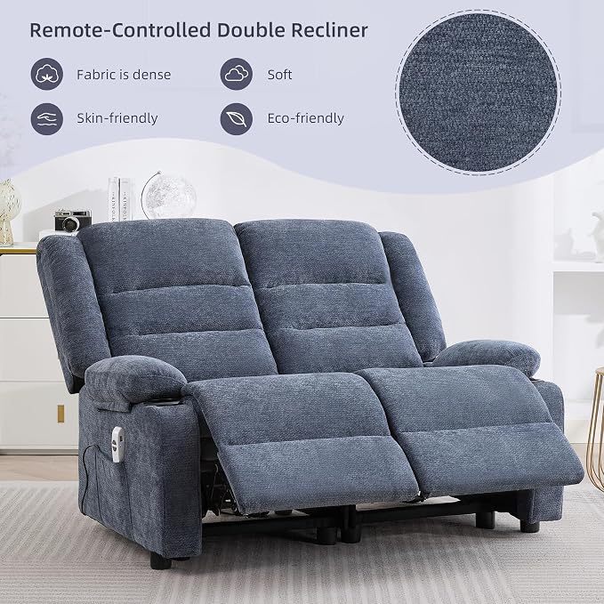 52Inch Reclining Loveseat Sofa,Power Loveseat Recliner,Electric Love seat Recliner Sofa for Bedroom,Living Room with Charging Ports,Blue