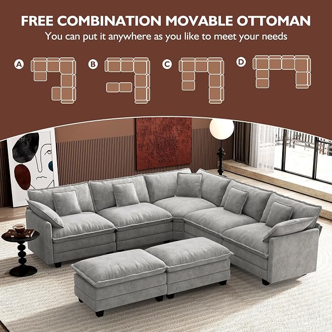 Ihanherry 114" V-Shaped Modern Sofa Modular Sectional Cloud Couch with 2 Ottoman, 7-Seat Chenille Deep Seat Sofa with Corner Section for Living Room, Bedroom and Apartment, Grey