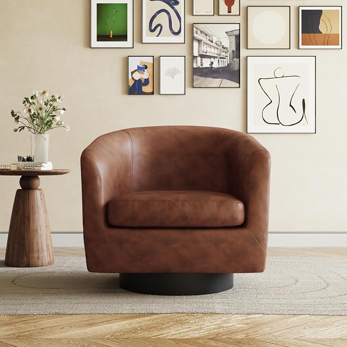 360° Swivel Barrel Accent Chair Armchair, PU Leather Round Club Arm Chair for Lving Room, Modern Upholstered Small Bedroom Single Sofa Seat - Coffee Brown, Set of 1