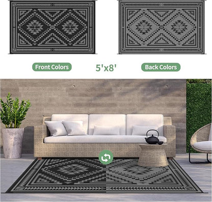 GENIMO Outdoor Rug for Patio Clearance - 5x8 ft Waterproof Plastic Camping Rugs, Reversible Outside Rv Mat Carpet for Porch, Deck, Picnic, Balcony, Beach, Backyard, Black Grey