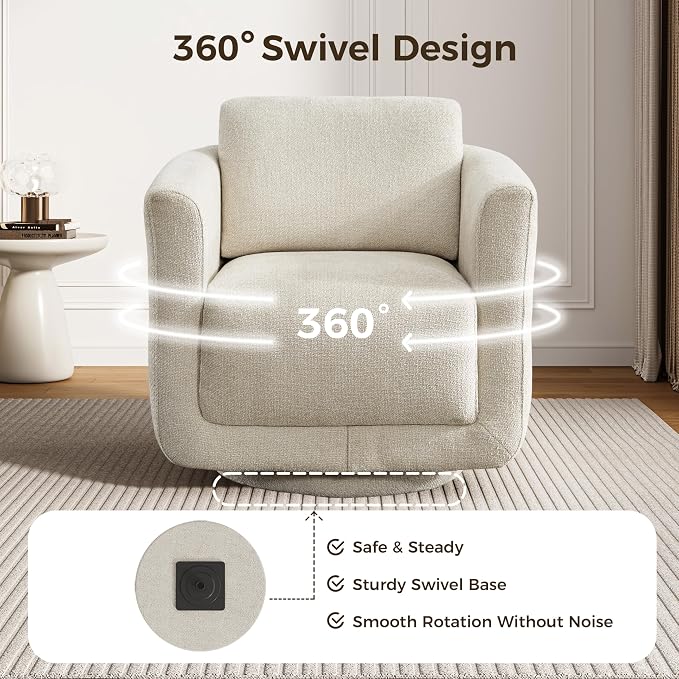Swivel Accent Chairs Set of 2, Fully Assembled Barrel Chairs, Accent Chairs with Solid Wood Frame & Ergonomic Cushion, 360° Chenille Armchairs for Living Room & Bedroom, Linen