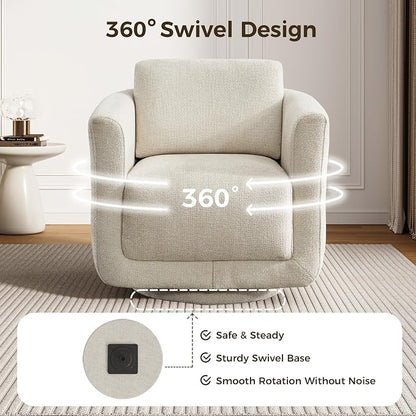 Swivel Accent Chair, 360° Barrel Chair with Solid Wood Frame & Removable Ergonomic Support Back Cushion, Fully Assembled Chenille Armchair for Living Room & Bedroom, Linen