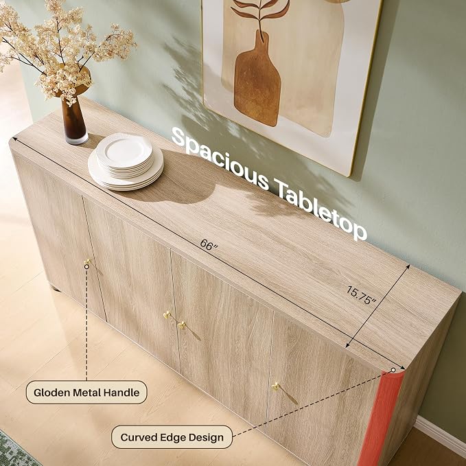 IFGET Curved Buffet Cabinet with Doors, 66" Large Sideboard Buffet Storage Cabinet with 4 Doors and Shleves, Modern Coffee Bar Station Wood Kitchen Table for Kitchen, Dining Room, Light Grey