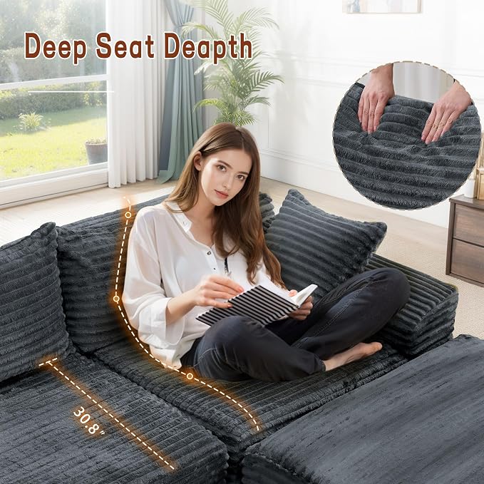 Korser 108" L-Shaped Modular Sectional Sofa with Chaise, Boneless Comfy Corduroy Fluffy Couch with Deep Seat and Side Pockets, Flexible Module Combination for Living Room, No Assembly, Side Pockets