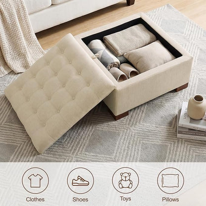 30 Inch Square Storage Ottoman Coffee Table, Modern Tufted Upholstered Ottoman with Flip Tray and Solid Wood Legs, Suitable for Living Rooms, Linen Khaki