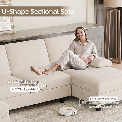 Shintenchi U-Shaped Sectional Couches for Living Room, 4 Seat Sofa with Double Chaise Lounges,Solid Wood Frame Sectional Sofa for Apartment,White