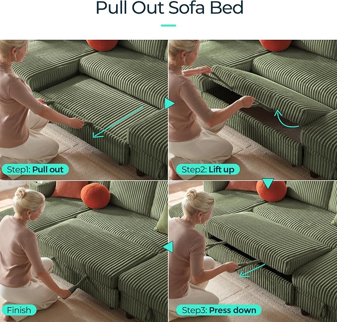 LINSY HOME Sectional Sleeper Sofa with Pull Out Couch Bed for Living Room (Green) | Plush Corduroy