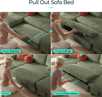 LINSY HOME Sectional Sleeper Sofa Pull Out Couches for Living Room (Green, Sleeper Sofa 3) | Pull Out Sofa Bed, Storage, USB Charging, Cup Holders, Plush Corduroy