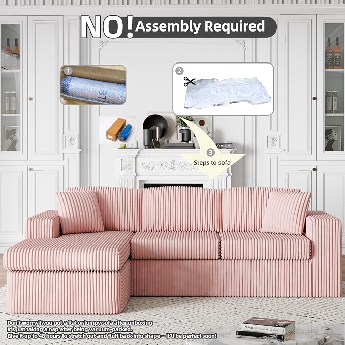 Shintenchi Boneless Couches for Living Room,Modular Sectional Sofa with Deep Seat,Memory Foam Cloud Couch with L Shaped Oversized Chaise,No Assembly Needed Plush Corduroy Sofa,Pink