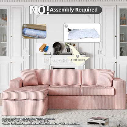 Shintenchi Boneless Couches for Living Room,Modular Sectional Sofa with Deep Seat,Memory Foam Cloud Couch with L Shaped Oversized Chaise,No Assembly Needed Plush Corduroy Sofa,Pink