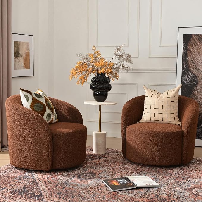 KINWELL 34" W Swivel Barrel Chair Set of 2, Mid Century Modern Round Upholstered Boucle Swivel Accent Chairs, No Assembly Sofa Chair for Living Room Bedroom Reading, Brown