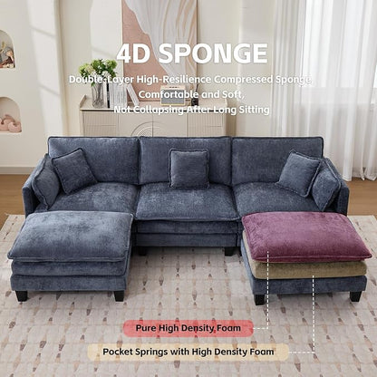 Opiesit Modular Sectional Sofa with Movable Ottoman, 110" 5-Seat Modern Couches for Living Room, Comfy U Shaped Couch Set with Deep Seat for Office and Apartment, Blue Chenille Fabric